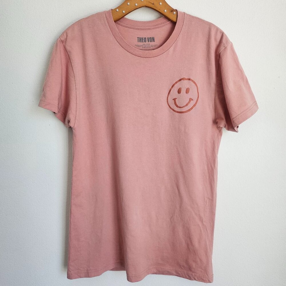 Theo Von Smiley Face Graphic Tee Men's S Dusty Pink Cotton Streetwear - Picture 2 of 8